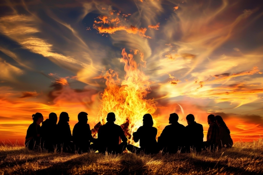 Group of people in silhouette around a campfire